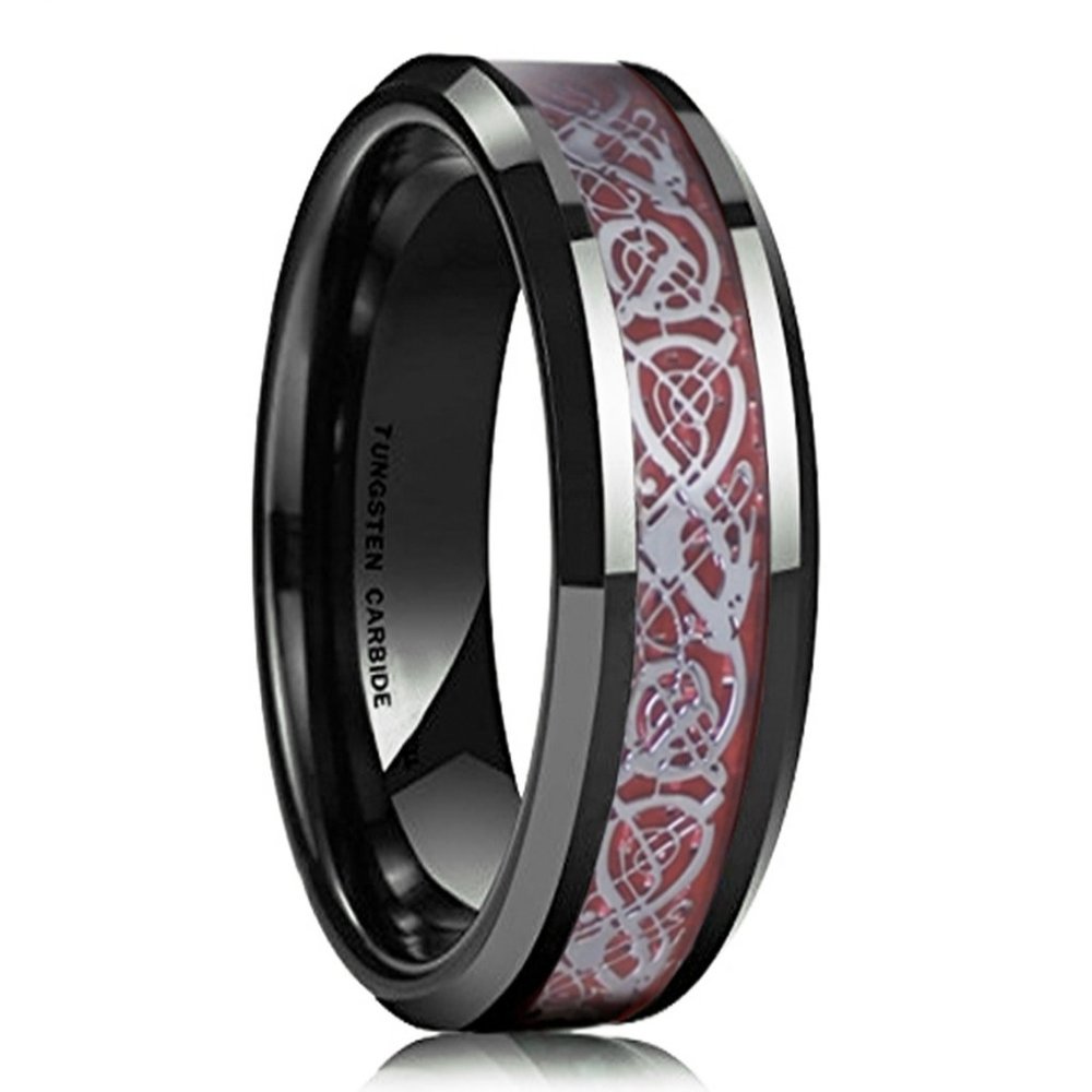 Womens Unisex Wedding Band 6mm Celtic Knot Wedding Band Black Silver & Red Inlay